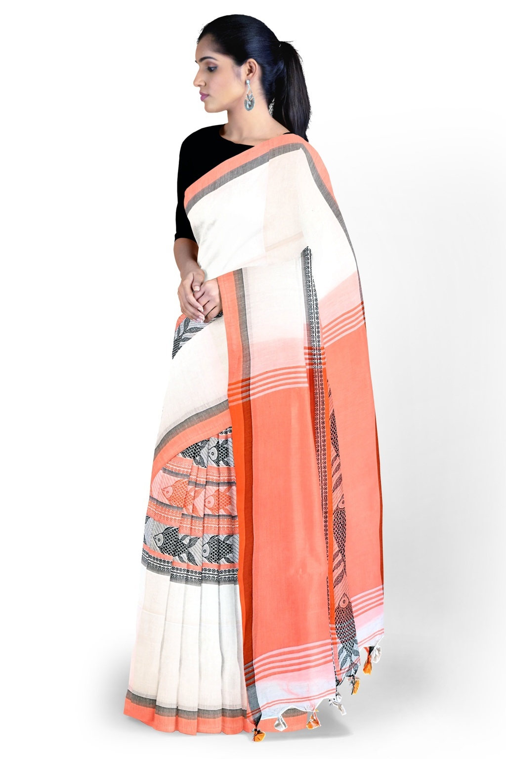 White Orange Pure Cotton Marine Hand Loom Saree (1280)